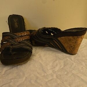 Skechers Black and Brown Wedge Sandals with Cork Heel